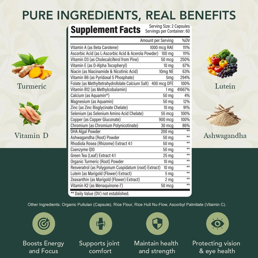 40 Plus Multivitamin for Women & Men with Vitamin A, D, B6, B12, E, Zinc, Magnesium, Calcium - Vegan, Gluten Free Elements of LIfe