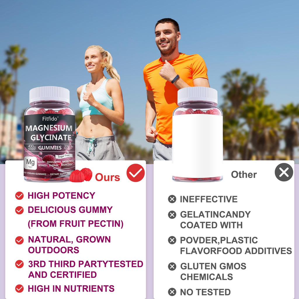 Magnesium Glycinate Gummies 400mg, Chewable Sugar Free Magnesium Supplement with Magnesium Glycinate, Magnesium Malate and Protein for Sleep, Relaxation, Brain & Muscle - Vegan (60 Count, Raspberry) FitfidoBuy Supplements Australia