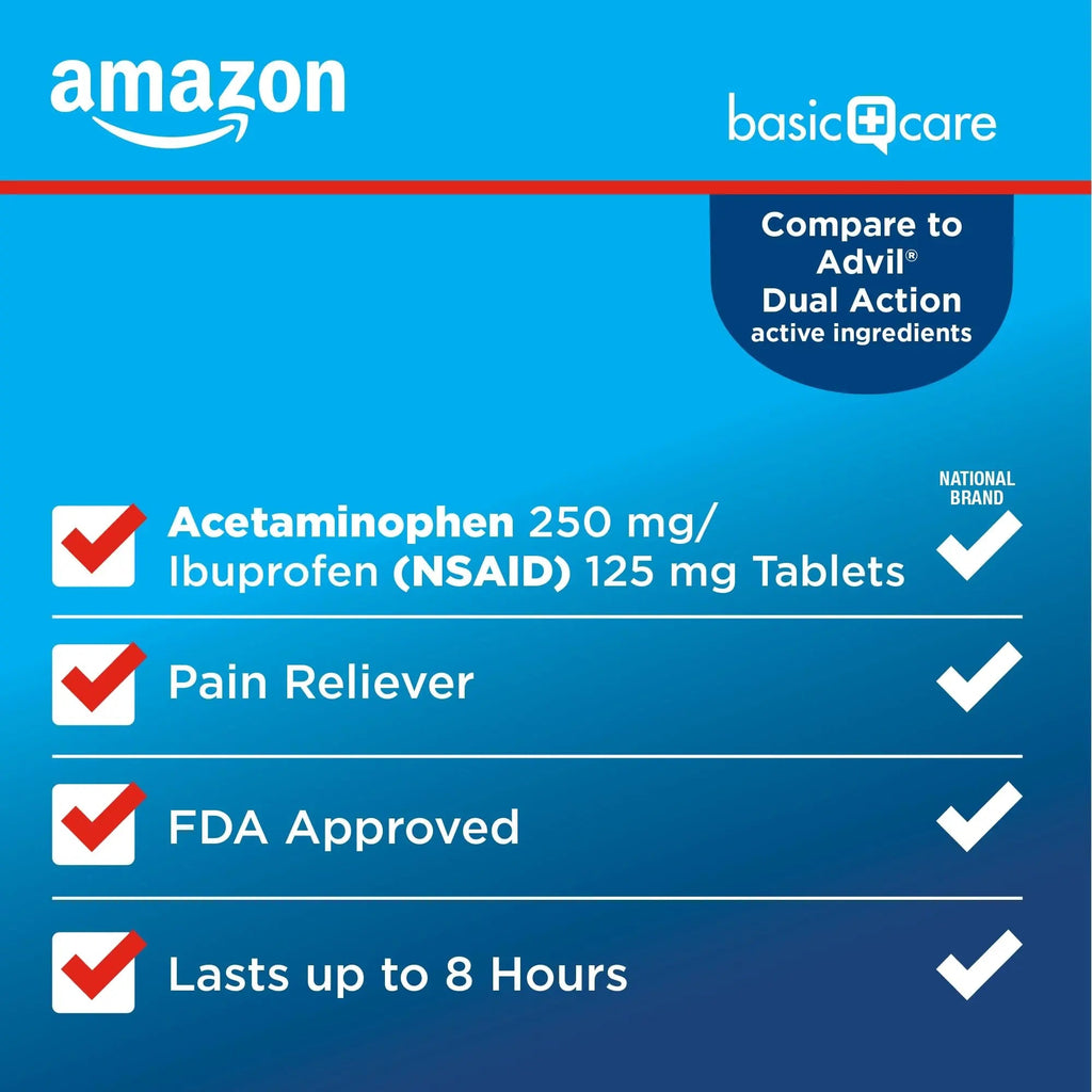 Amazon Basic Care Dual Action Acetaminophen 250 mg and Ibuprofen (NSAID) 125 mg Tablets, Pain Reliever for Headache, Backache, Menstrual Pain, Arthritis Pain Relief, 216 Count Amazon Basic CareBuy Supplements Australia