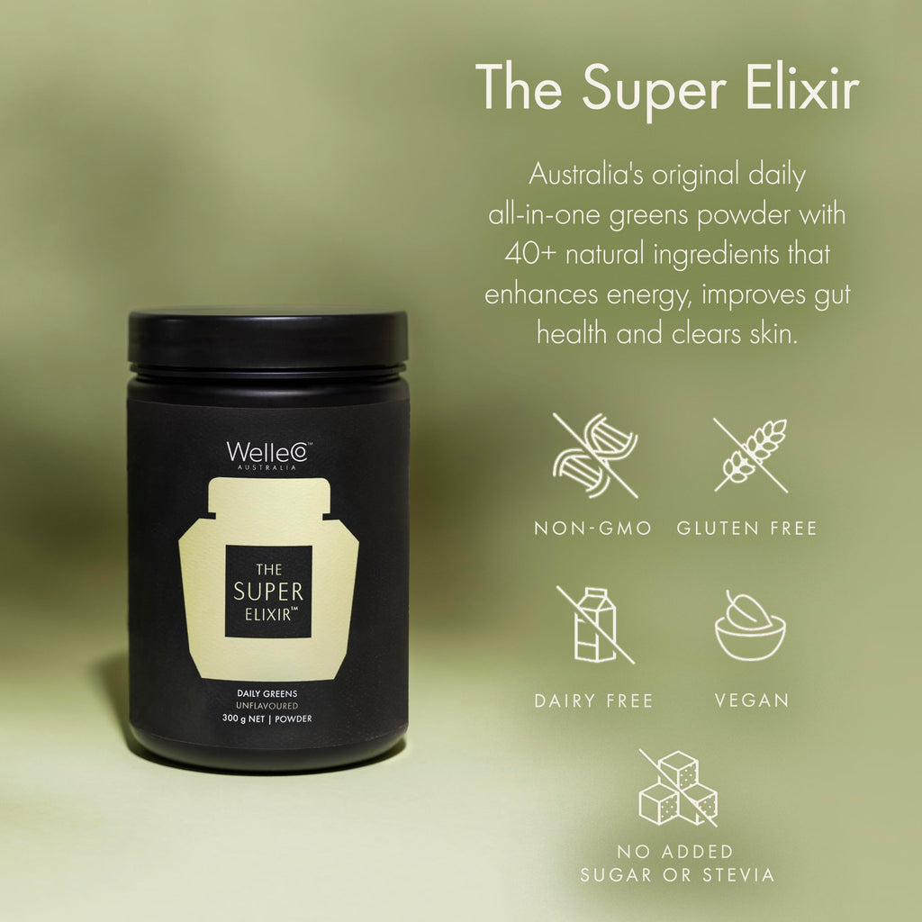 WelleCo The Super Elixir, Daily Greens Powder with Probiotics, Superfoods & Whole Foods, Unflavored Drink Mix for Gut Health, Immunity, Energy, Skin & Hair, 10.5oz Jar WelleCo buy supplements Au