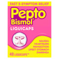 Pepto-Bismol Liquicaps packaging with pink and yellow design on a white background