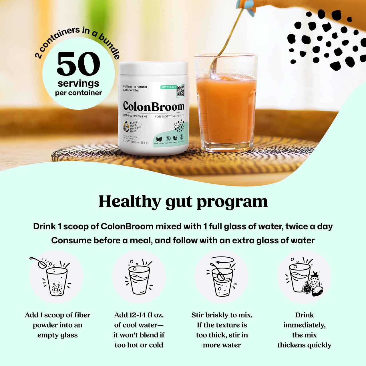 ColonBroom Psyllium Husk Powder - Colon Cleanse for Bloating Relief & Gut Health - Fiber Powder Drink - Easy to Mix - Vegan, Gluten Free, Non-GMO - Strawberry & Tropical Fruits (2 Pack) ColonBroomBuy Supplements Australia