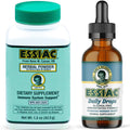 Essiac herbal powder and daily drops bottles on a white background