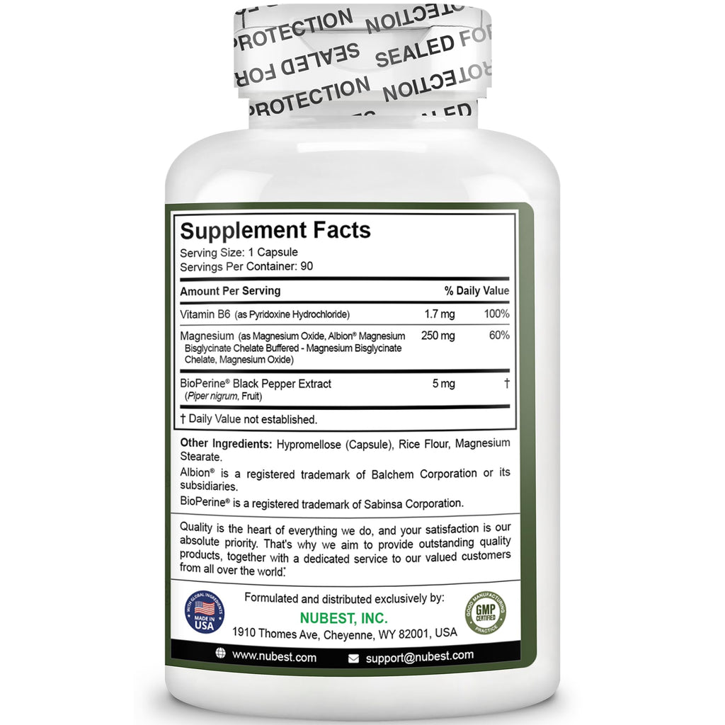 Magnesium Glycinate Chelate Complex with Albion Magnesium Bisglycinate Chelate, Vitamin B6 & BioPerine for Bone, Muscle, Natural Sleep,