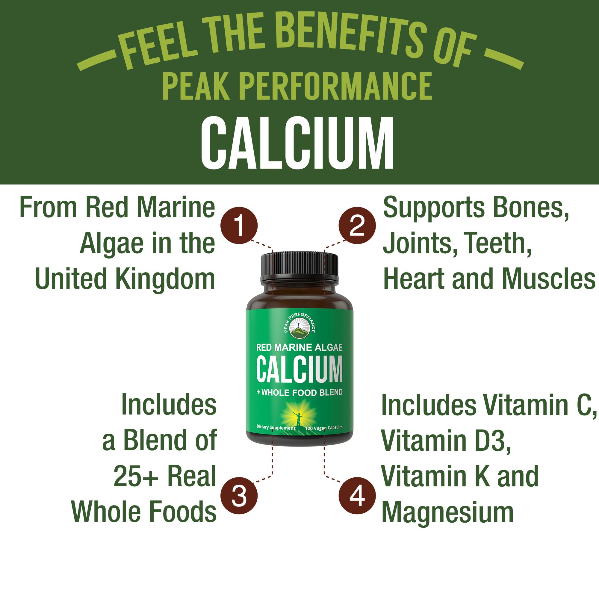 Plant Based Calcium - Red Marine Algae Calcium Supplement with Vitamin C, D3, K, Magnesium, and Whole Food Vegetable Blend. Vegan Capsules for Bones and Joints. 120 Pills, Tablets Peak PerformanceBuy Supplements Australia