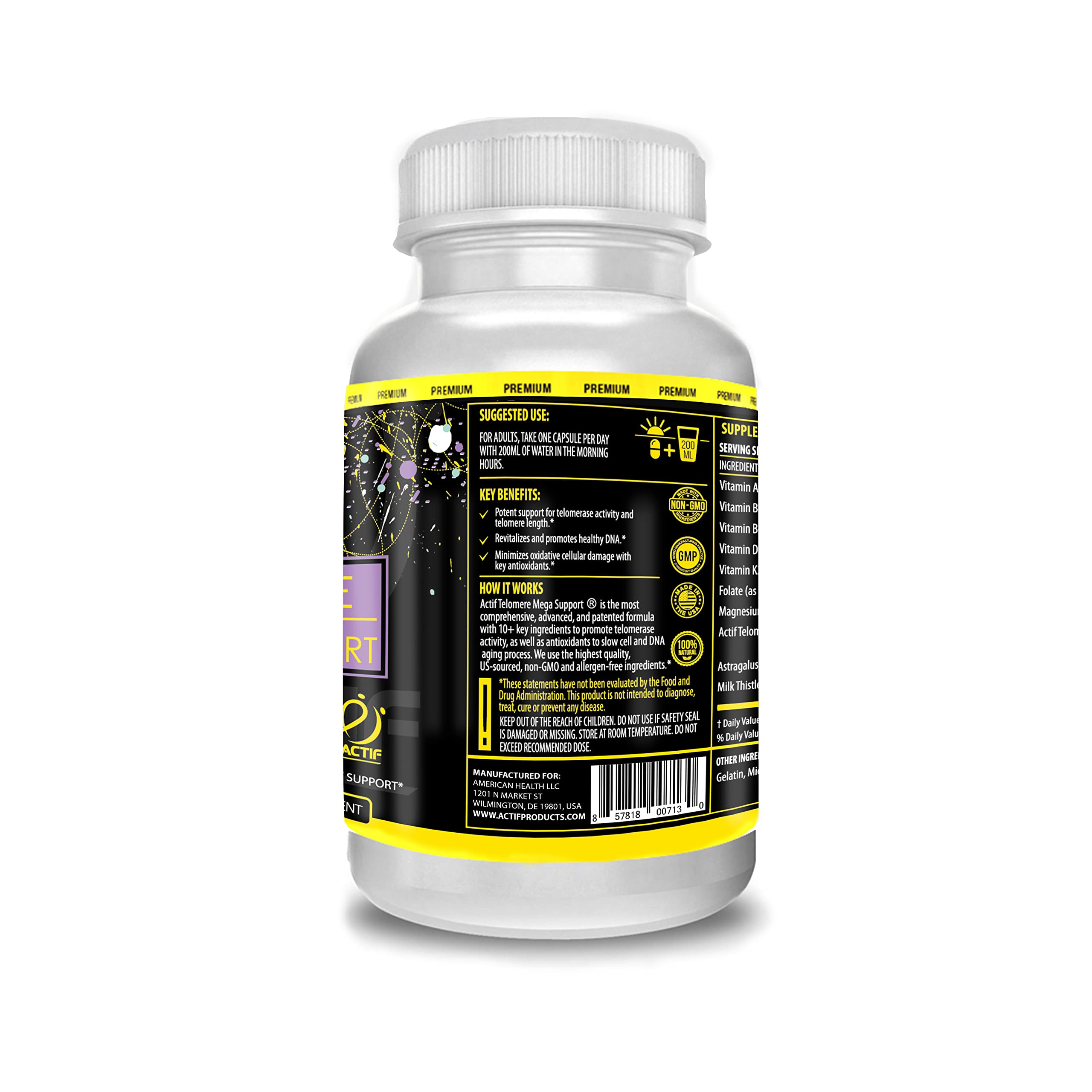 ACTIF Telomere Mega Support with 10+ Factors, Non-GMO, Telomerase and DNA Supplement for Energy, Memory and Anti-Aging, Made in USA, 60 Count ACTIFBuy Supplements Australia