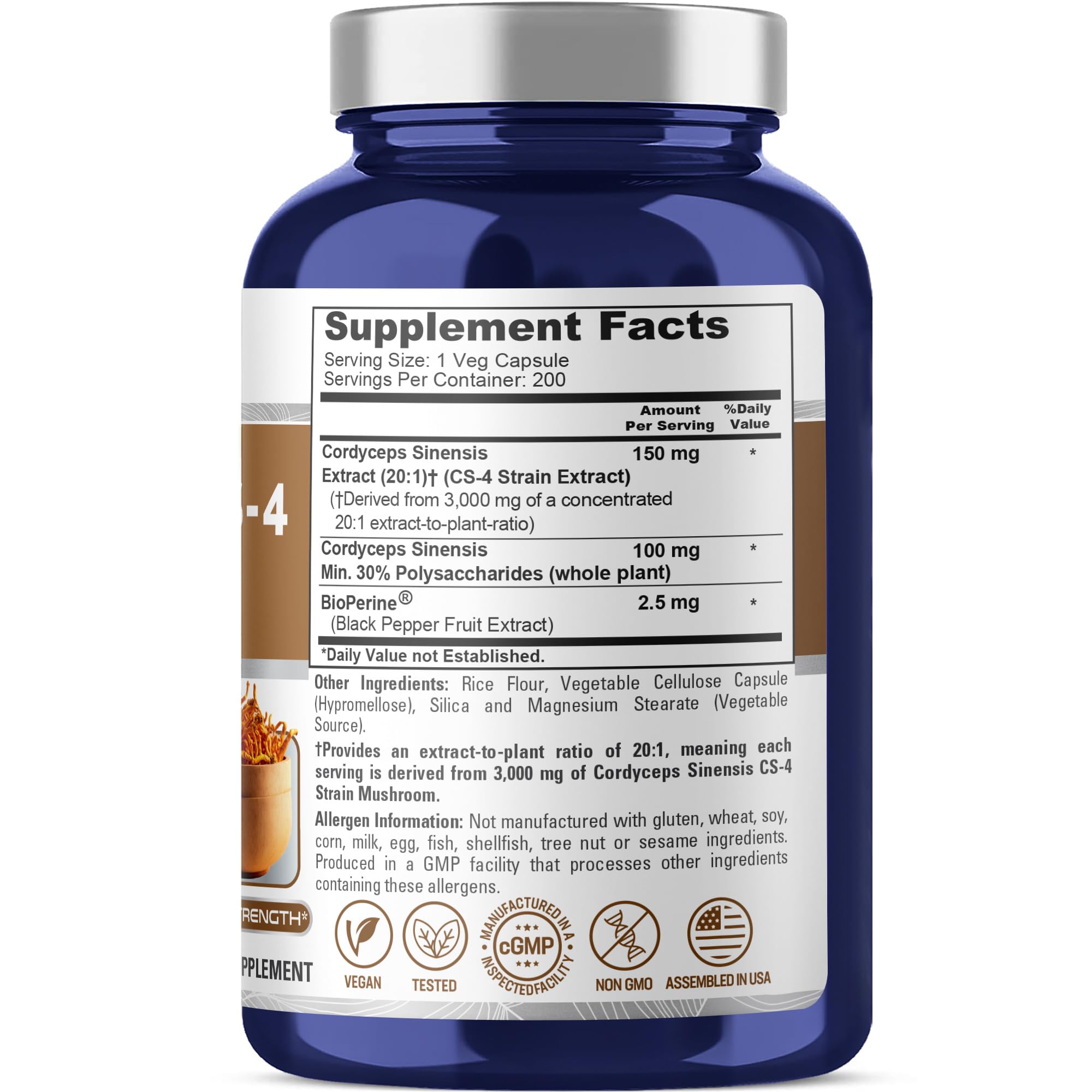 NusaPure Cordyceps 20:1 Extract, 150 mg Equivalent to 3,000mg 200 Veggie Capsules (Sinensis CS-4, Non-GMO, Vegan) Bioperine NusaPureBuy Supplements Australia
