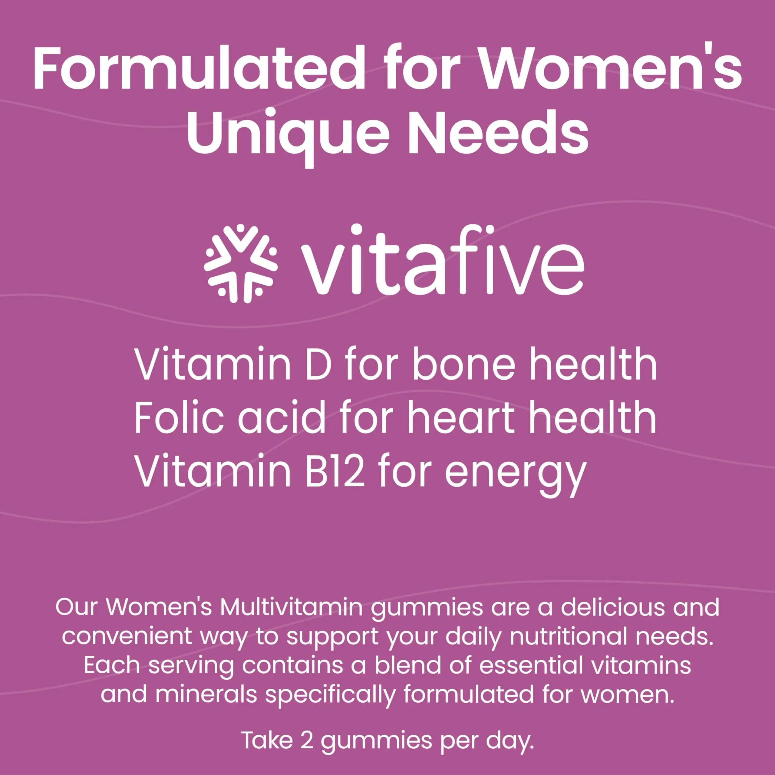 vitafive Women's Multivitamin Gummies, Best Multivitamin for Women with Biotin, D3, B12, Zinc, Low Sugar, Gluten Free (50 Ct) vitafiveBuy Supplements Australia