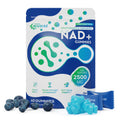NAD+ gummies packaging with blueberries on a white background