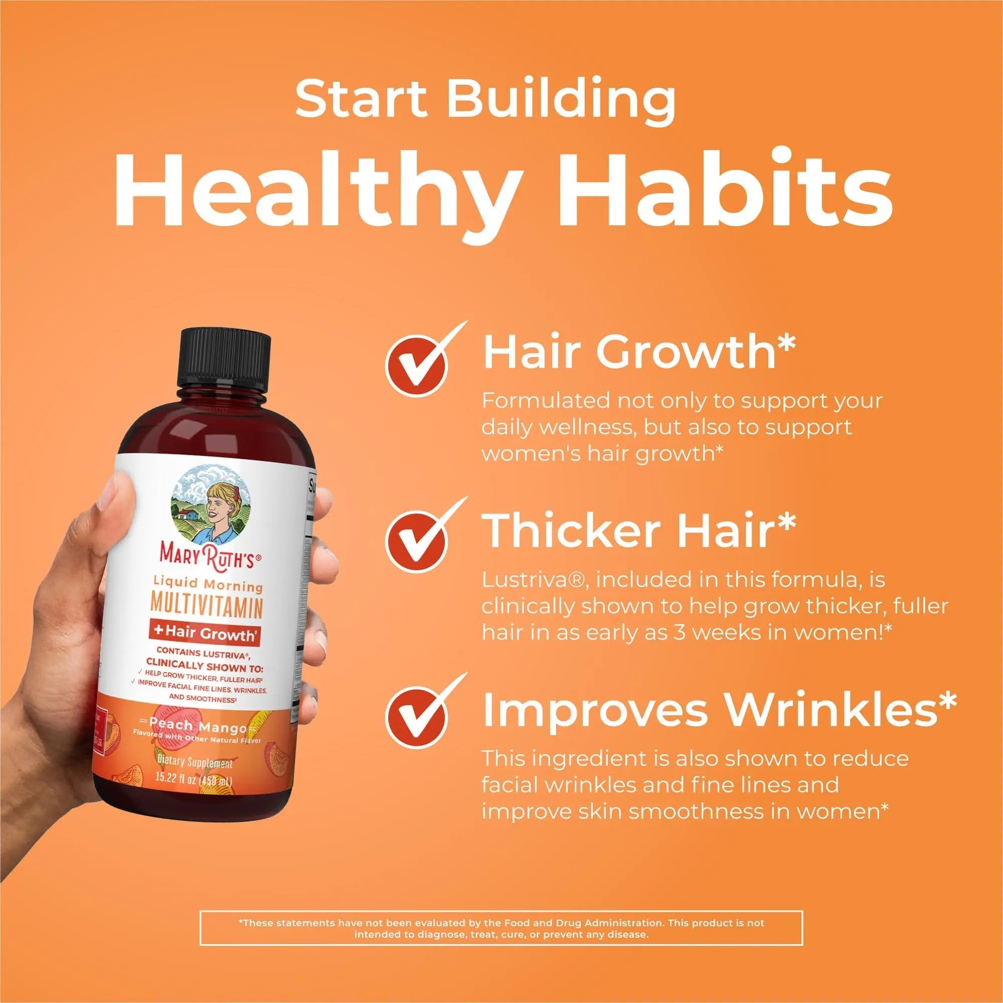 MaryRuth's Morning Multivitamin +Hair Growth (Peach Mango, 15oz), Nighttime Multimineral (Coconut, 15oz) & Probiotic Drops (2oz) | MARYRUTH'S
