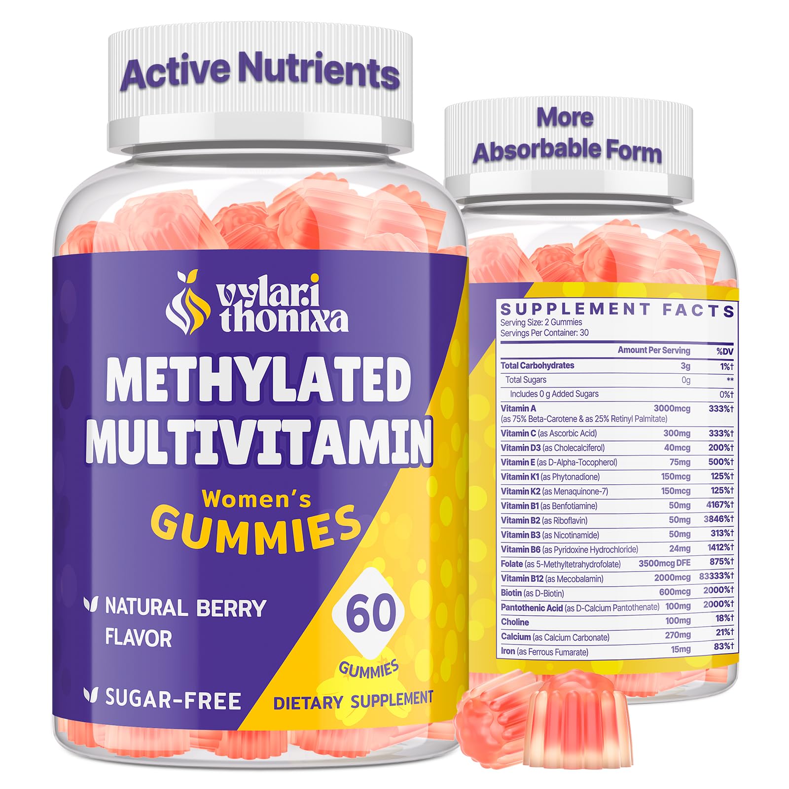 Vylarithonixa Methylated Multivitamin Gummies for Women – MTHFR Supplement Contains Methylfolate, Methylated B12, TMG & Vitamins A C E K – Energy, Immune & Skin Support VylarithonixaBuy Supplements Australia