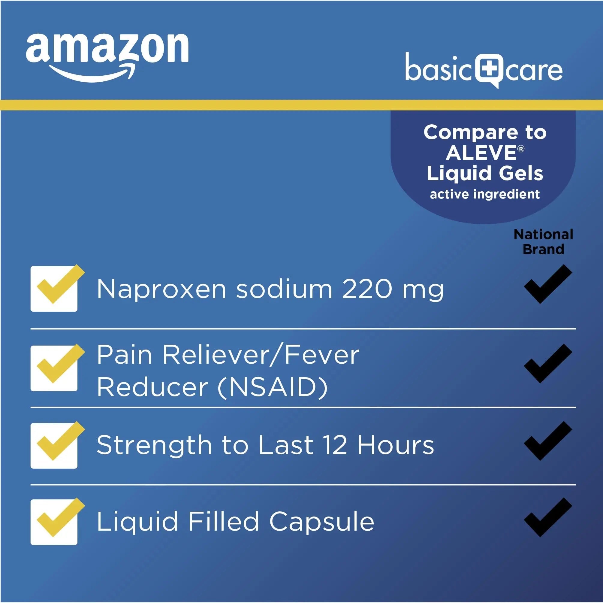 Amazon Basic Care Naproxen Sodium 220 mg Liquid Gels, Pain Reliever/Fever Reducer (NSAID), Headache, Backache, Menstrual Pain, Arthritis Pain, 12-Hour Relief, 180 Count (previously A+ health) Amazon Basic CareBuy Supplements Australia