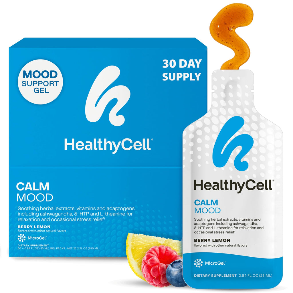 Healthycell Calm Mood Daily Liquid Supplement - Cortisol Manager & Mood Support Supplement for Stress with Ashwagandha, L-Theanine, Magnesium, 5-HTP, GABA & Saffron - 30 Gel Packs HealthycellBuy Supplements Australia