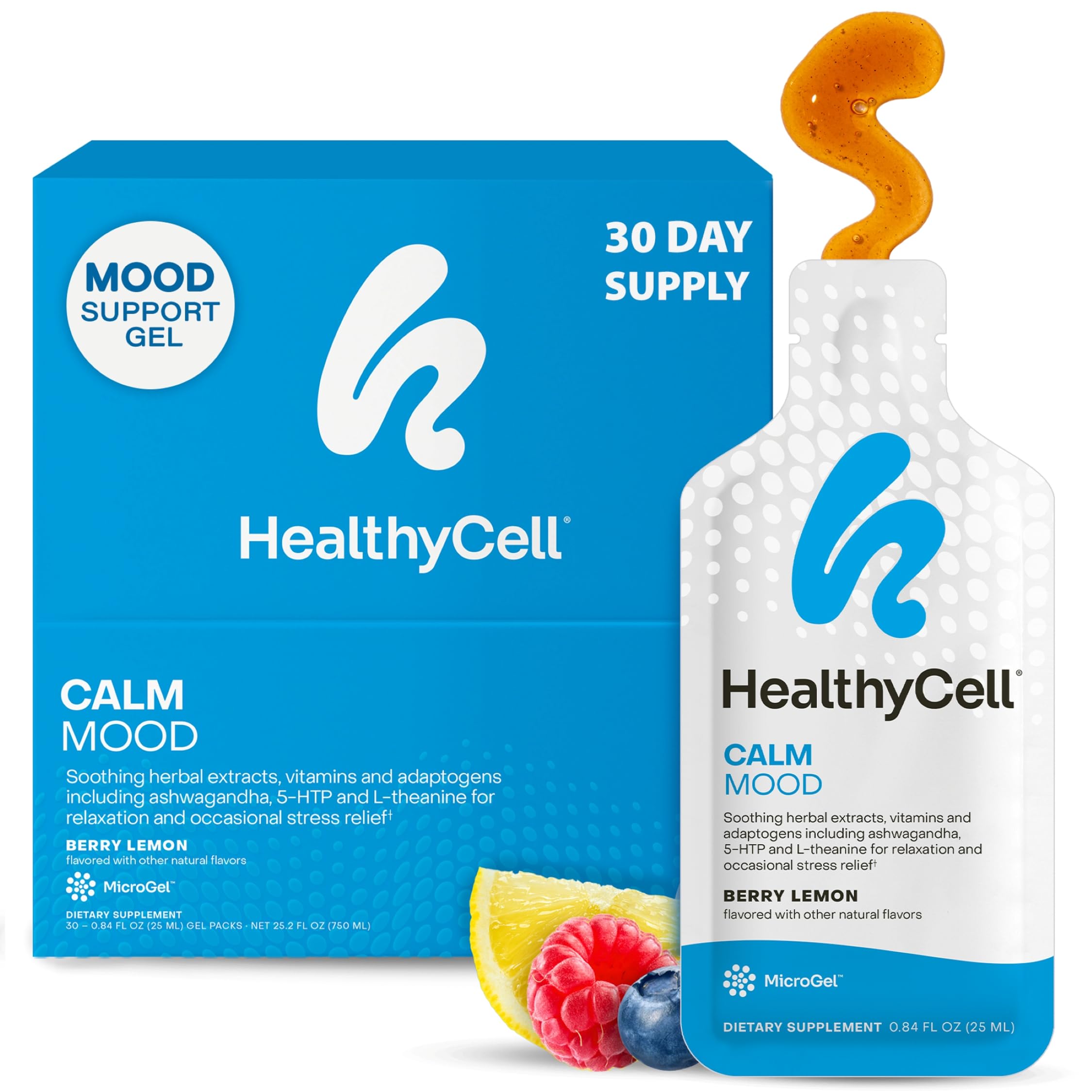 Healthycell Calm Mood Daily Liquid Supplement - Cortisol Manager & Mood Support Supplement for Stress with Ashwagandha, L-Theanine, Magnesium, 5-HTP, GABA & Saffron - 30 Gel Packs HealthycellBuy Supplements Australia