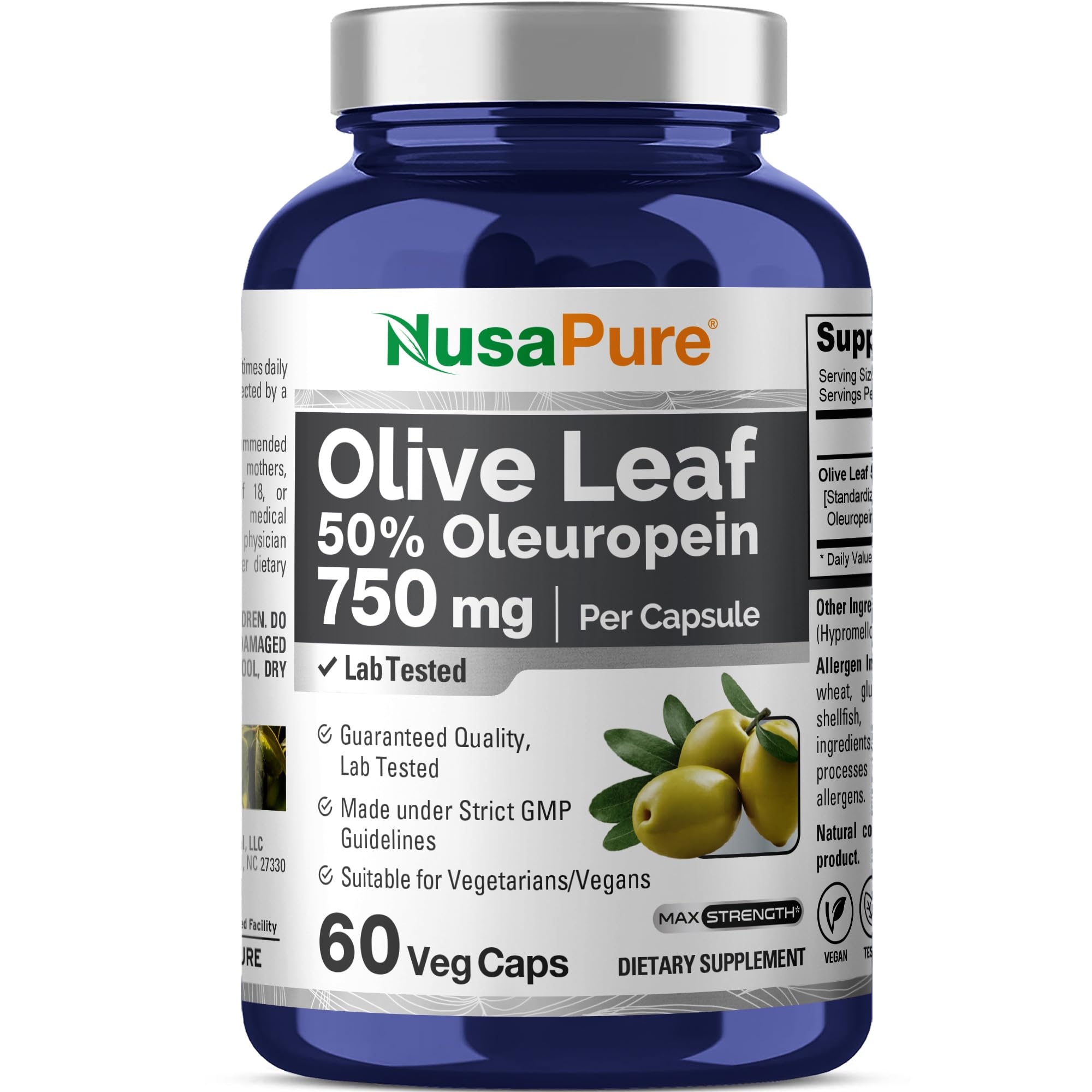 NusaPure Olive Leaf Extract 750 mg - 50% Oleuropein - Vegan and Vegetarian Non-GMO - Super Strength - No Oil - 60 Capsules NusaPureBuy Supplements Australia