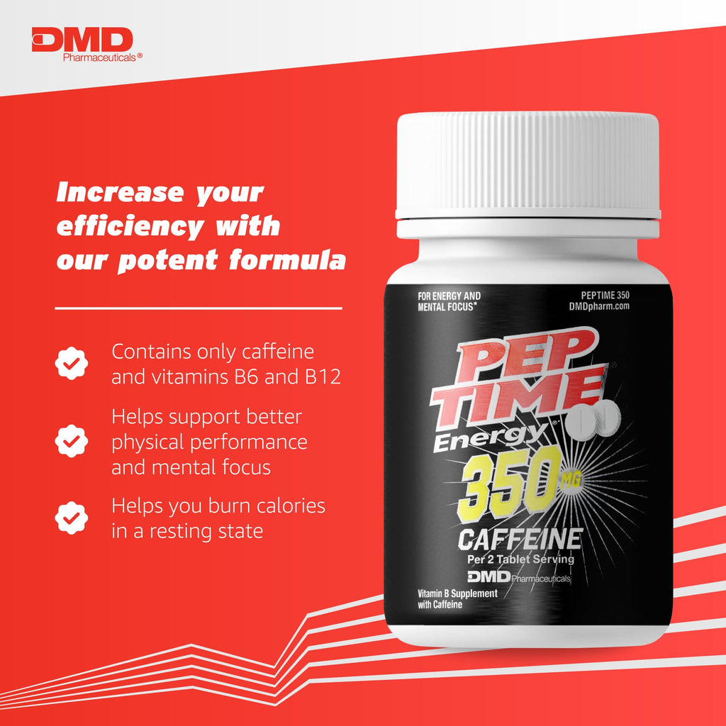 PEPTIME Energy Tablets, Vitamin B6 and B12 Caffeine Pills, 350 mg Caffein