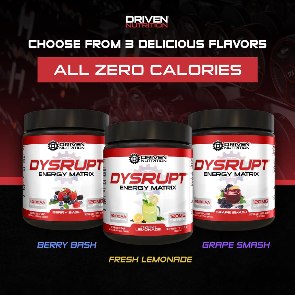 Driven Nutrition DYSRUPT: BCAA + Caffeine with Electrolytes: Sugar & Gluten Free Supplement- Improve Recovery, Burn More Fat, Increase Endurance, and Achieve Greater Focus