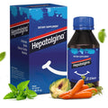 Hepatalgina dietary supplement bottle and packaging with vegetables on a white background