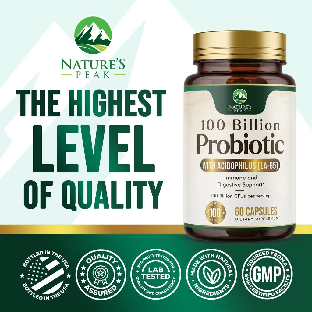 Probiotics 100 Billion CFU Per Serving - 16 Premium Probiotic Strains Prebiotics - Immune Support, Gut Health, Occasional Constipation, Gas & Bloating, Probiotics Supplement, USA Bottled, 60 Capsules Nature's PeakBuy Supplements Australia