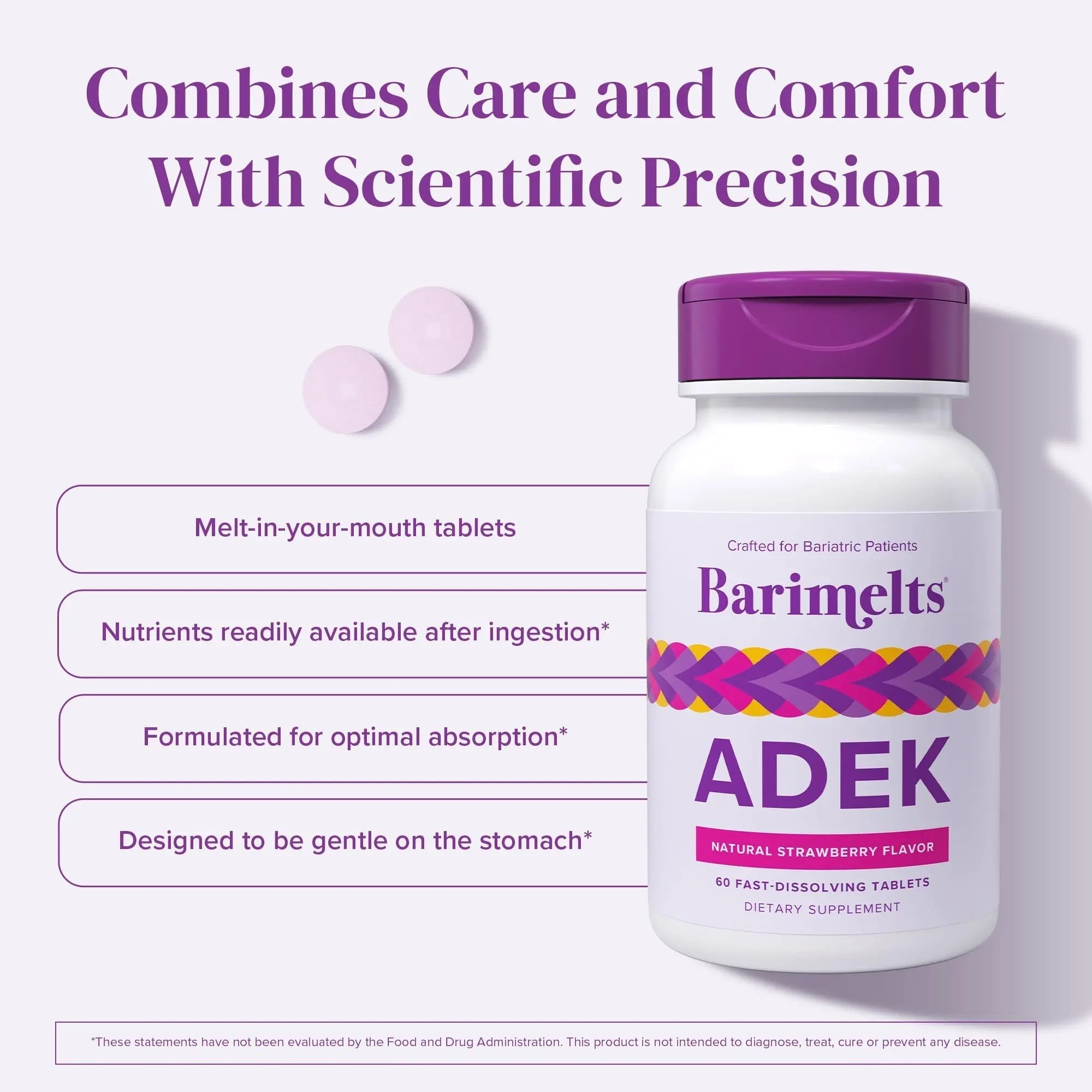 Barimelts ADEK - 60 Fast-Dissolving Tablets (2-Month Supply) - Sugar-Free Bariatric Vitamins for Women Including Vitamin A, Vitamin D, Vitamin E BariMelts