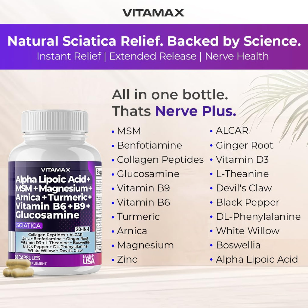 Sciatic Nerve Health Support - Sciatic Nerve Supplement Capsules with Folic Acid, Pea, Glucosamine, MSM, Vitamin B Complex, Alpha Lipoic Acid 300mg – 60ct – Made in USA VitamaxBuy Supplements Australia
