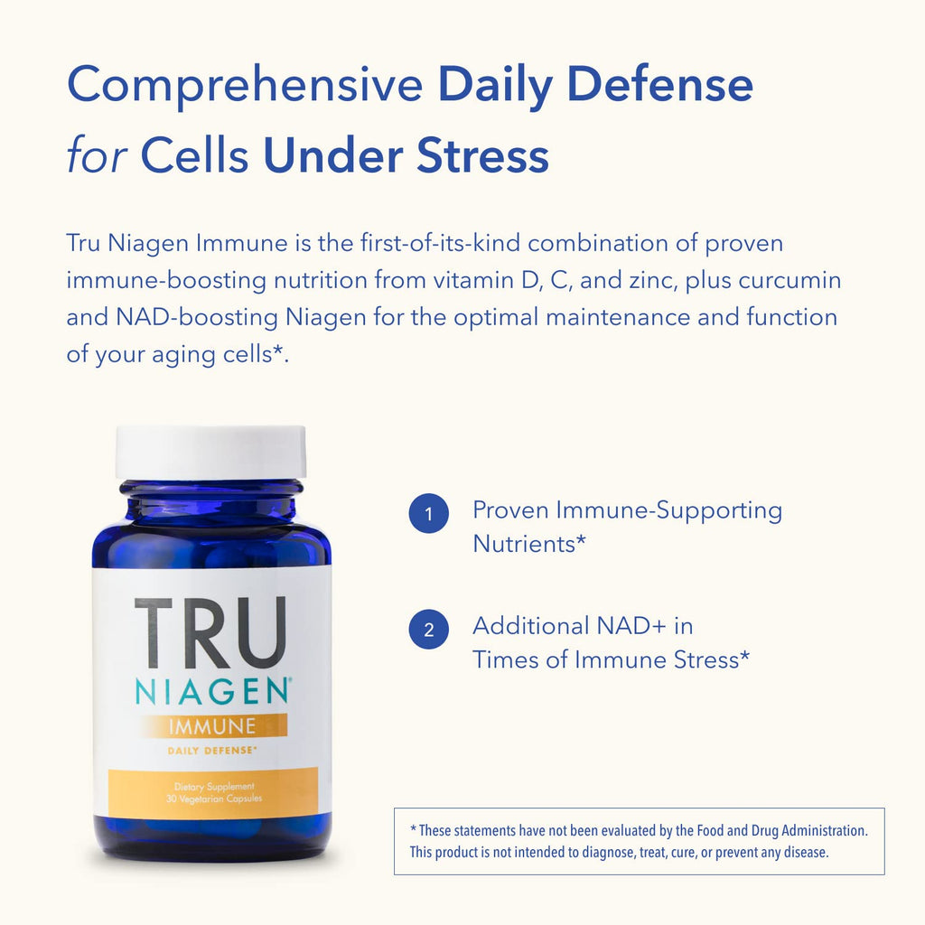 TRU NIAGEN Immune Support Supplement - Daily Defense - Vitamin C from Fermentation, Vegan Vitamin D3 2000 IU, Zinc, Plus Theracurmin (Curcumin) + Multi Award-Winning NAD Boosting Niagen 150mg 30ct TRU NIAGENBuy Supplements Australia