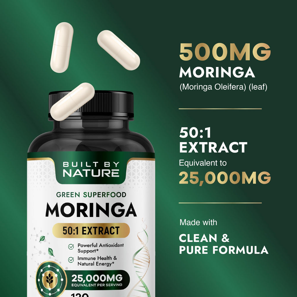 Built by Nature Moringa – 500mg Pure Moringa Leaf Extract 50:1 per Serving – High Potency Moringa Supplement – 120 Capsules Built by NatureBuy Supplements Australia