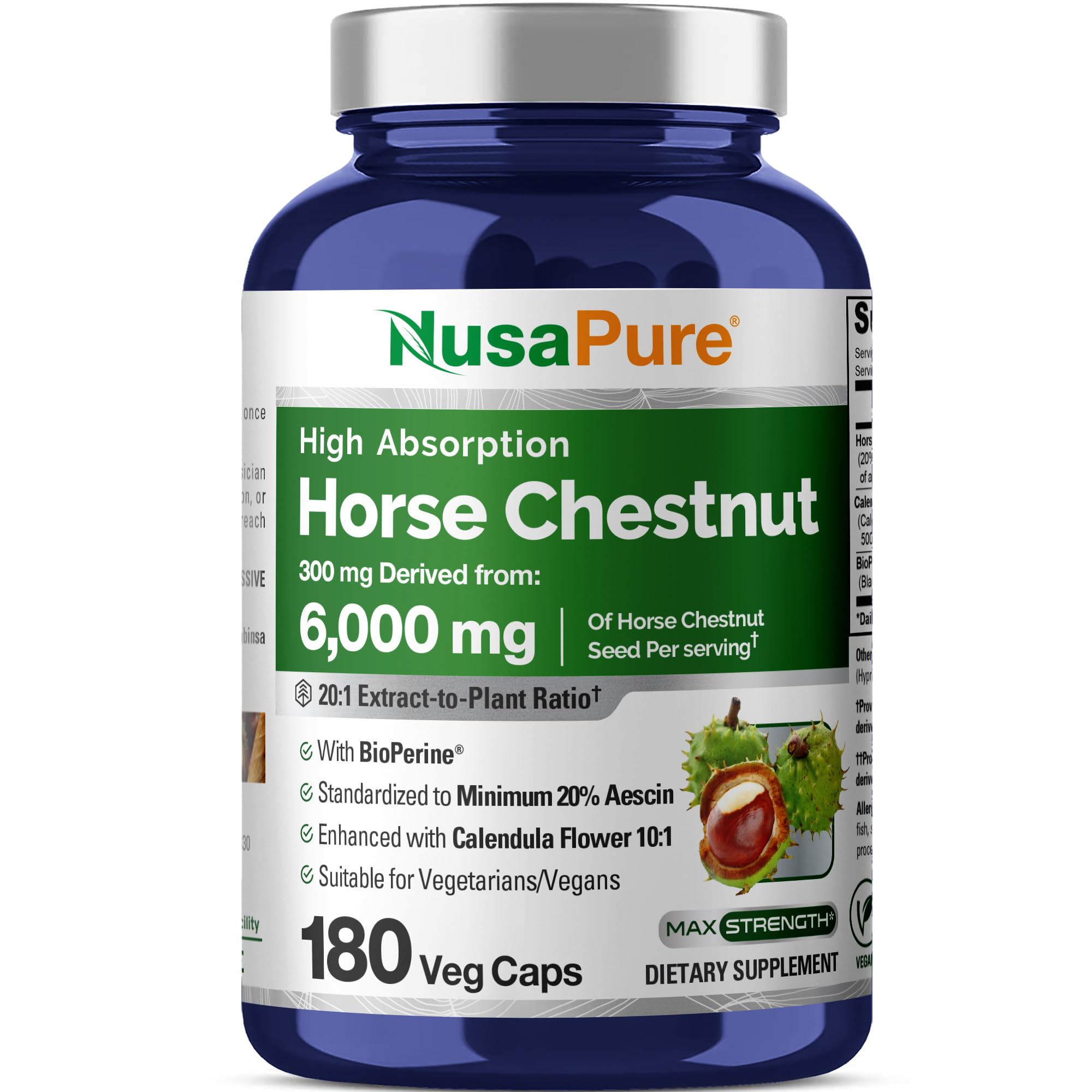 NusaPure Horse Chestnut 20:1 Extract, 300 mg Equivalent to 6,000mg 180 Veggie Caps Non-GMO, Vegan, BioPerine, Calendula Flower NusaPureBuy Supplements Australia