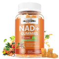 Jar of Healio NAD+ Gummies with vitamins and vegetables on a white background
