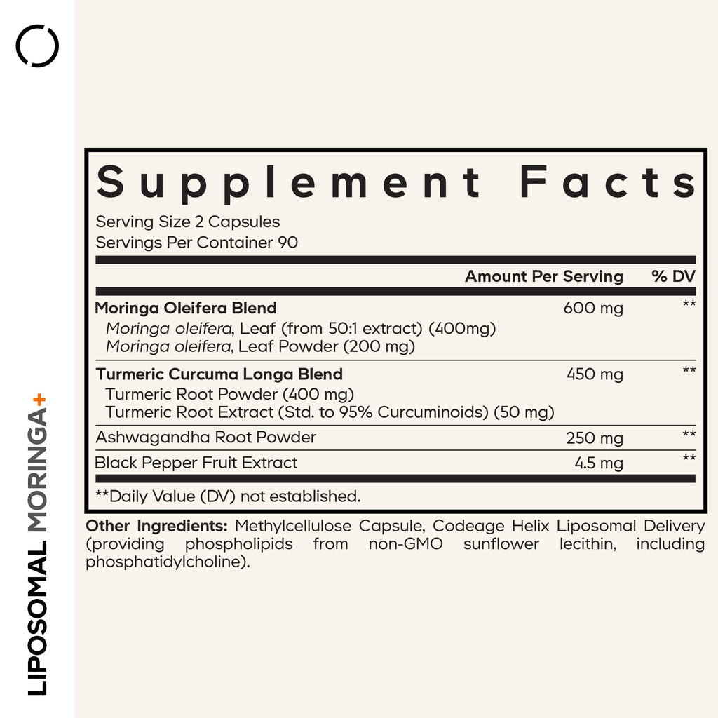 Codeage Liposomal Moringa+ Supplement, 400mg Moringa 50:1 Extract - Turmeric, Ashwagandha, Black Pepper, 3-Month Supply, Vegan Moringa Powder - 180 Capsules CodeageBuy Supplements Australia