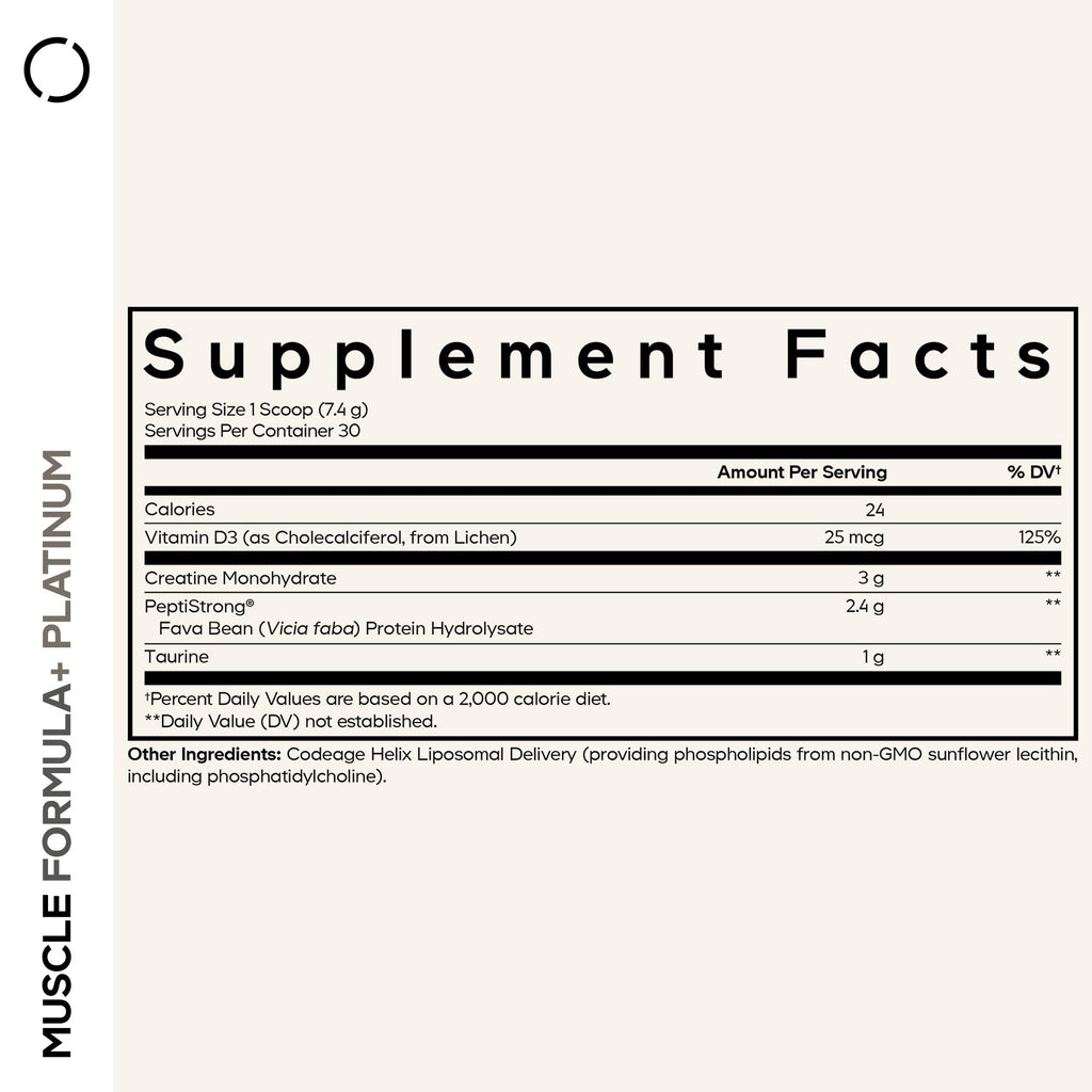 Codeage Muscle Formula+ Platinum Supplement - Creatine Monohydrate, PeptiStrong Fava Bean Protein Hydrolysate, Taurine, Vitamin D3, Liposomal Delivery - Non-GMO - Unflavored Protein Powder - 8.78 Oz CodeageBuy Supplements Australia