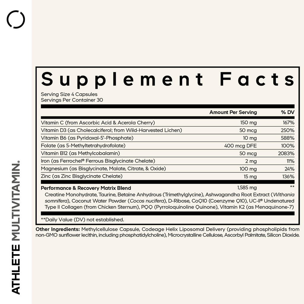 Codeage Athlete Multivitamin Platinum – Sports Supplement with Vitamins & Minerals, Folate, Iron & Magnesium, Creatine, Taurine, Electrolytes, CoQ10, PQQ, UC-II Collagen – Non-GMO – 120 Capsules CodeageBuy Supplements Australia