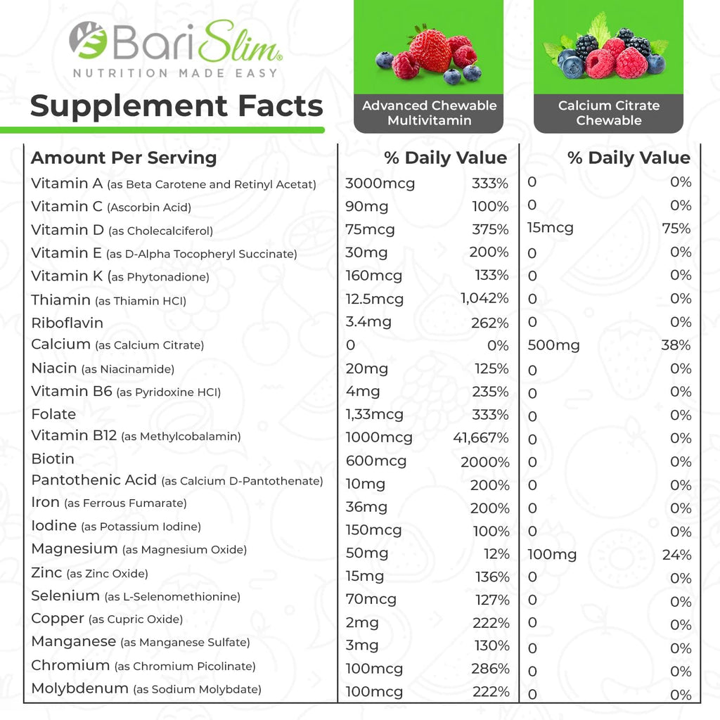 BariSlim Bariatric Calcium Citrate & Advanced Chewable Bariatric Multivitamin with Iron - Bariatric Vitamin and Supplement for Post Bariatric Surgery Including Gastric Bypass and Gastric Sleeve BariSlim buy supplements Au