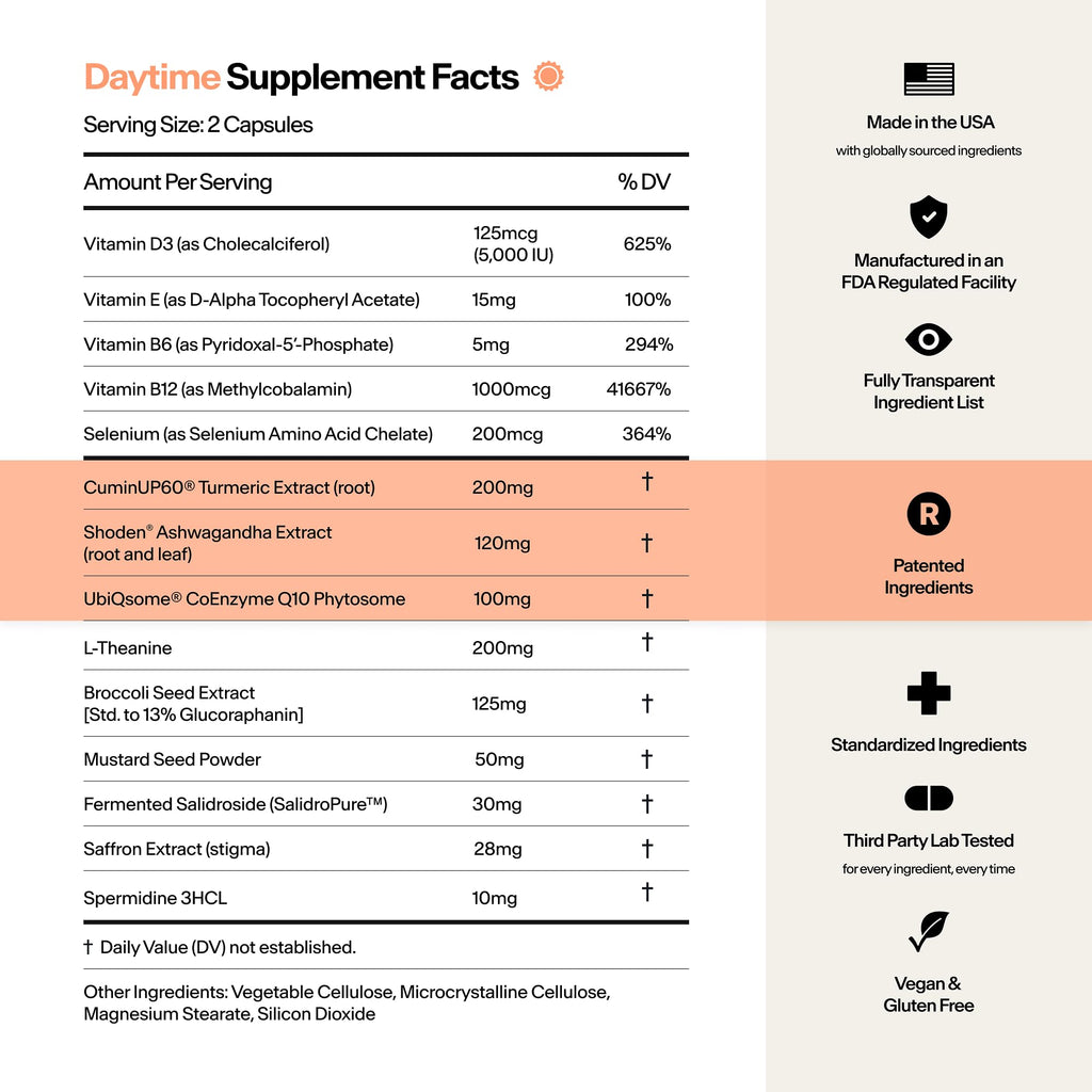 Stasis Daytime Energy & Focus Supplement for Men & Women with Vitamin D3, L Theanine, Ashwagandha & CoQ10, Cognitive Support Capsules for Morning Routines, Vegan,