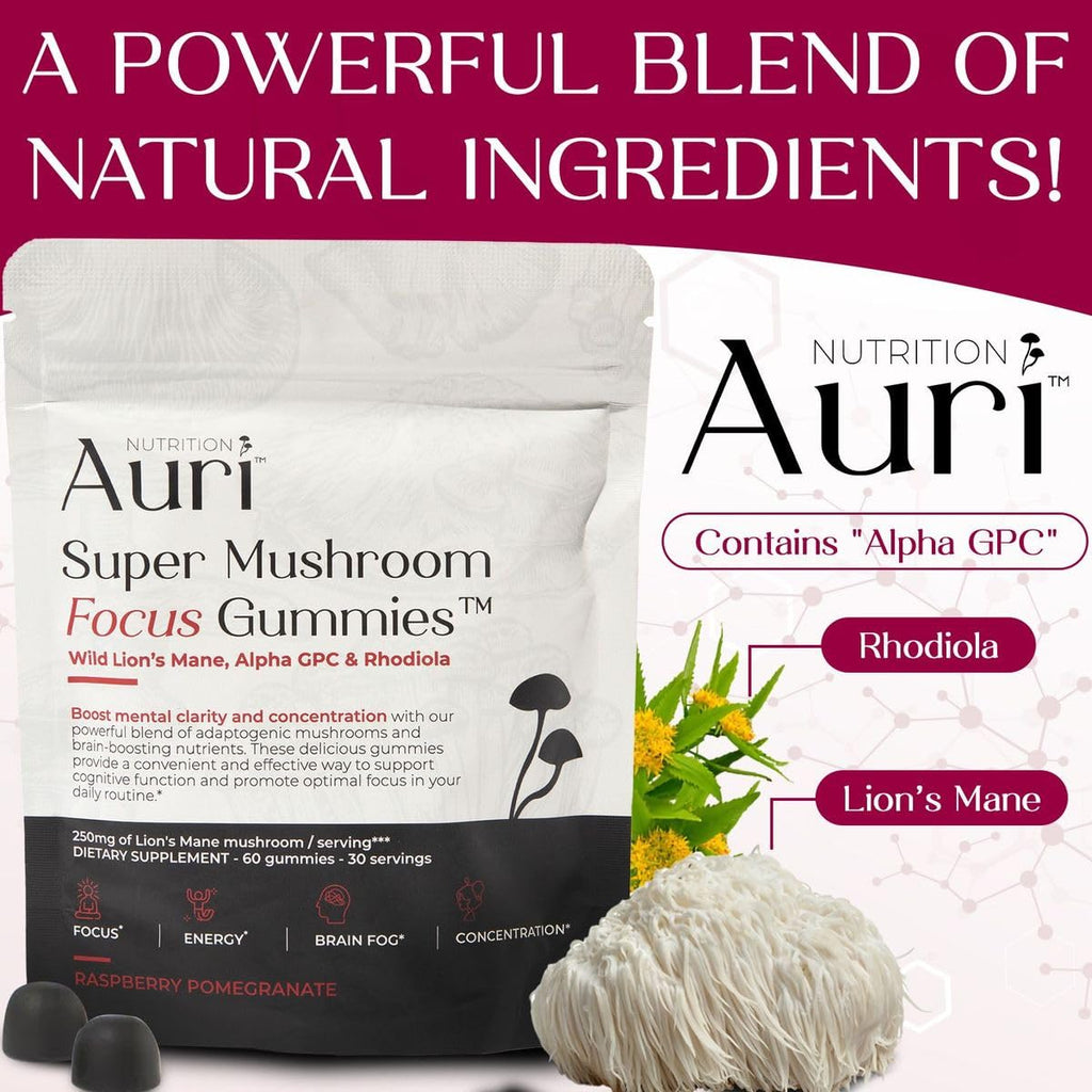 Auri Nutrition Super Mushroom Focus Gummies w/Lion's Mane, Alpha GPC & Rhodiola – Mushroom Supplement to Support Cognitive Function, Mental Clarity, Focus & Energy