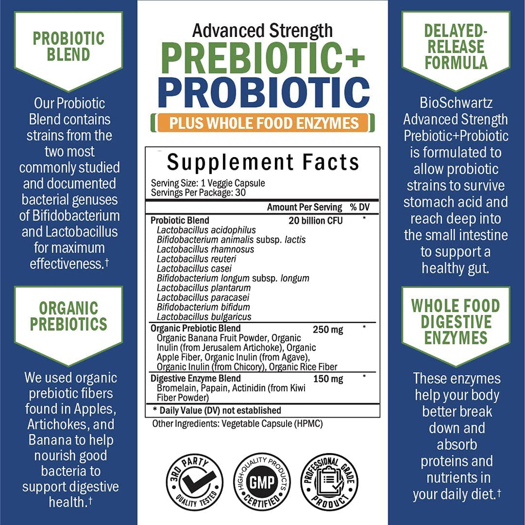 Probiotic & Prebiotic Digestive Health Capsules - 30ct, Gluten & Dairy Free, Non-GMO BioSchwartzBuy Supplements Australia