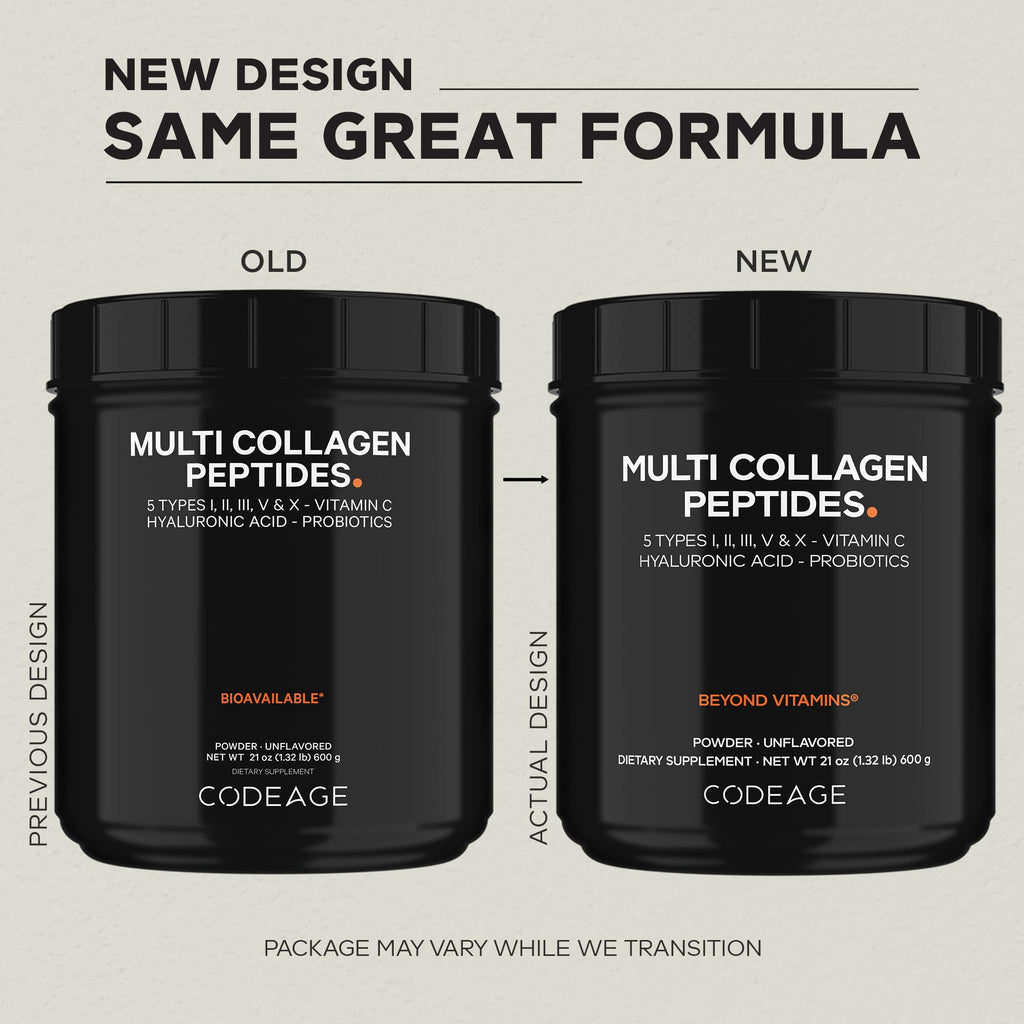 Codeage Multi Collagen Peptides + Probiotics Black Edition, Vitamin C, Hyaluronic Acid Powder Supplement, Grass-Fed, Pasture-Raised, Hydrolyzed, Zero Carbs, Type I, II, III, V & X, Unflavored, 21oz CodeageBuy Supplements Australia