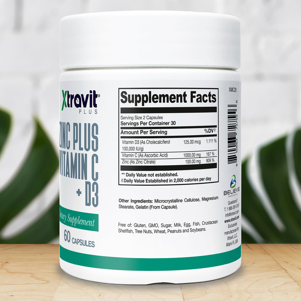 Xtravit Zinc Plus Vitamin C + D3 Supplement – Natural Immune Defense Supplements for Men & Women - May Support Skin, Energy, Bones, & Overall Wellness - Non-GMO, Gluten-Free, No Fillers, 60 Capsules XtravitBuy Supplements Australia