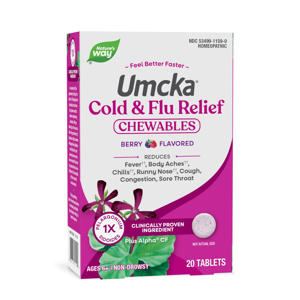 Nature’s Way Umcka Cold and Flu Relief Chewables, Non-Drowsy Multi-Symptom Relief, Homeopathic Cold Medicine & Remedy, Shortens & Reduces Severity of Colds, Berry-Flavored Cold & Flu Tablets, 20 Count Nature's Way buy supplements Au