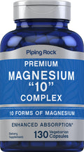Blue supplement bottle labeled 'Premium Magnesium 10 Complex' by Piping Rock on a white background.