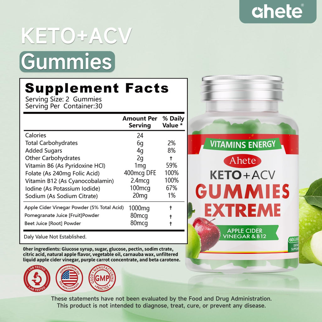 Ahete Keto Apple Cider Vinegar Gummies with Vitamin B6, B12, Folate & Beet Root, Keto ACV Gummies Supports Daily Wellness & Metabolism, Natural Apple Flavor, 60 Gummies (30 Day Supply) AheteBuy Supplements Australia