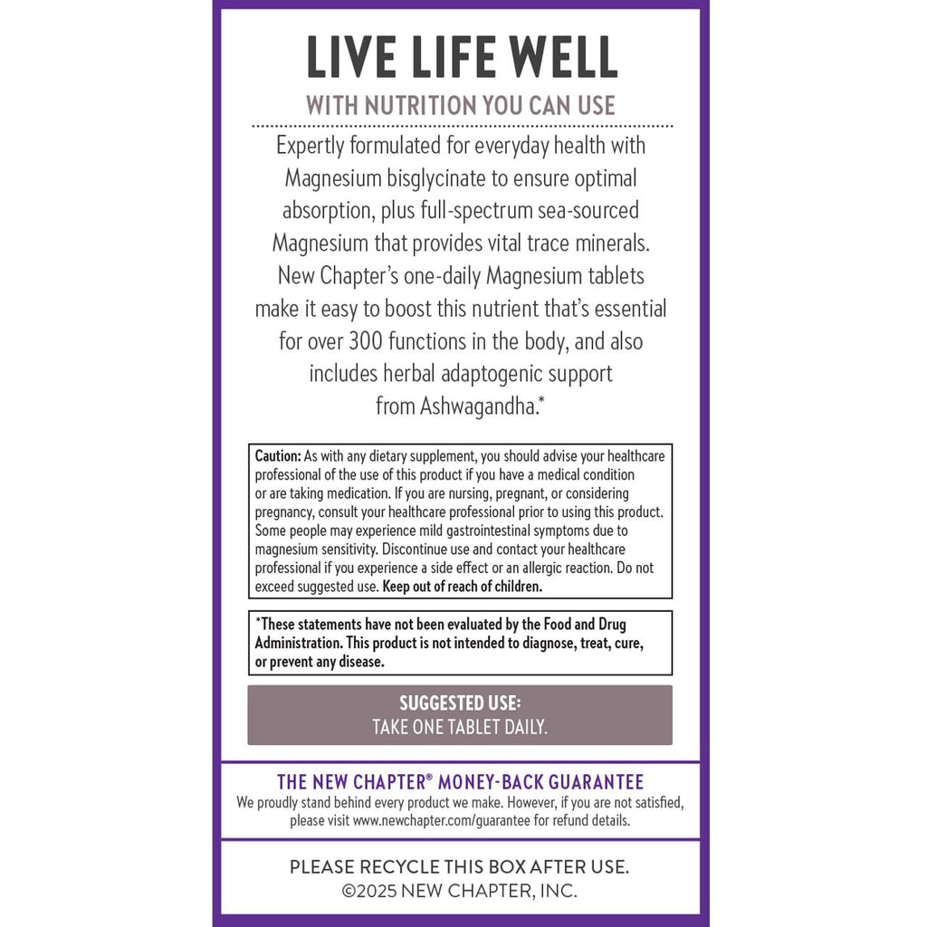 New Chapter Magnesium + Ashwagandha Supplement, 325 mg with Magnesium Glycinate for Muscle Relaxation & Recovery, Heart, Nerve & Bone Health, 2.5X Absorption