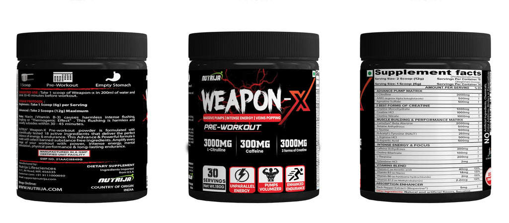 NutriJa Weapon-X Pre-Workout Powder with 21 Active Ingredients - 3 Best Forms of Creatine, AAKG, Beta-Alanine, Caffeinated | Pumps, Viens Popping, Energy, Focus & Strength (30 Servings (Lychee))