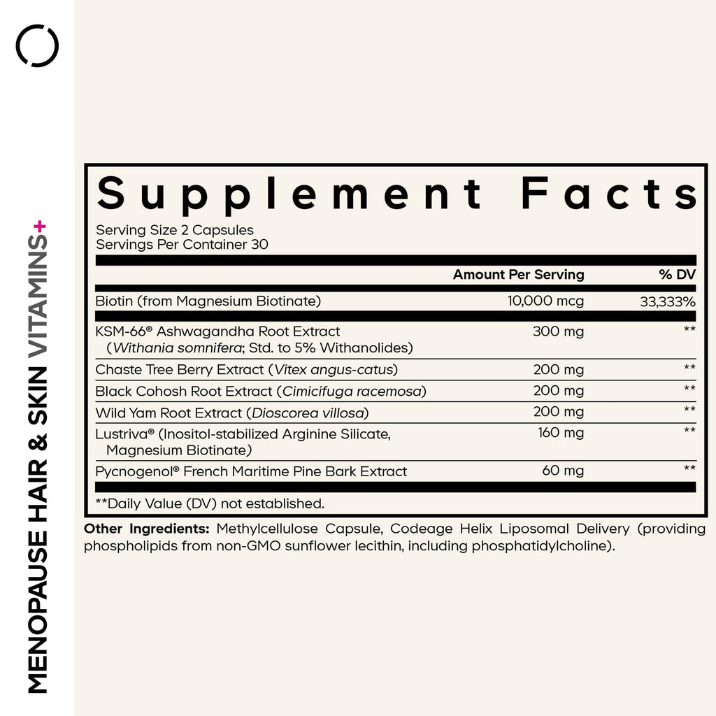 Codeage Menopause Hair & Skin Vitamins+ - Patented Lustriva, Pycnogenol, KSM-66 Ashwagandha - Hair Density Skin Perimenopause Support - Menopause Supplement - 10,000 Mcg Biotin, Wild Yam - 60 Capsules CodeageBuy Supplements Australia