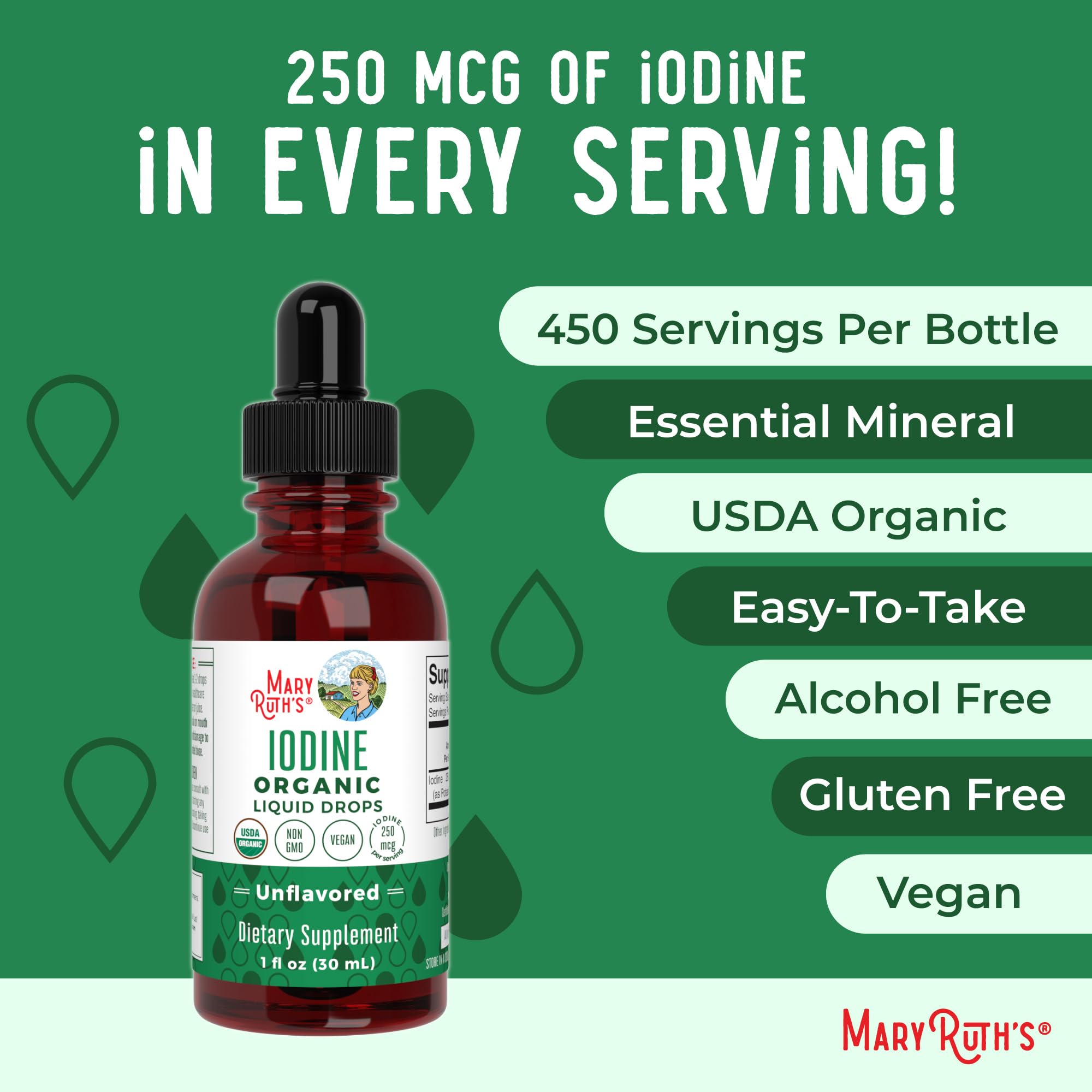 MaryRuth Organics Iodine Liquid Drops | Potassium Iodide | 1 Year Supply | 450 Servings | Thyroid Health | USDA Organic|