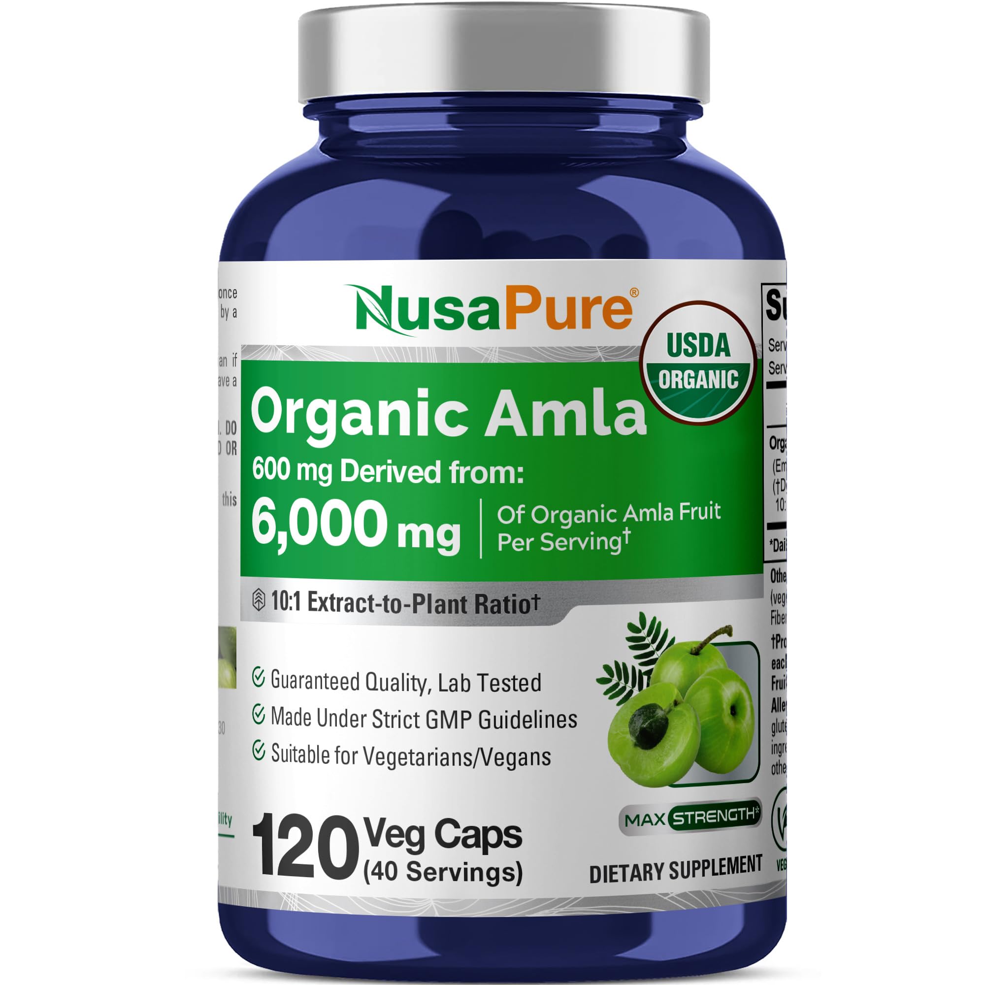 NusaPure Organic Amla Capsules 10:1 Extract, 600 mg Equivalent to 6,000mg | 120 Count | Amalaki Fruit | USDA, Vegan, Non-GMO Supplement NusaPureBuy Supplements Australia