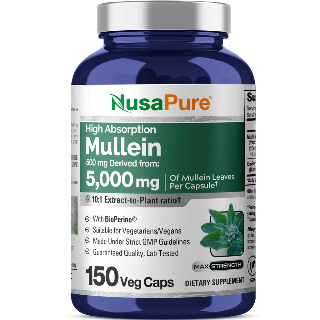NusaPure Mullein Leaf Capsules 10:1 Extract, 500 mg Equivalent to 5,000 mg per Veggie Caps - 150 Count - Verbascum Thapsus (Non-GMO, Vegan) Dietary Supplement NusaPureBuy Supplements Australia