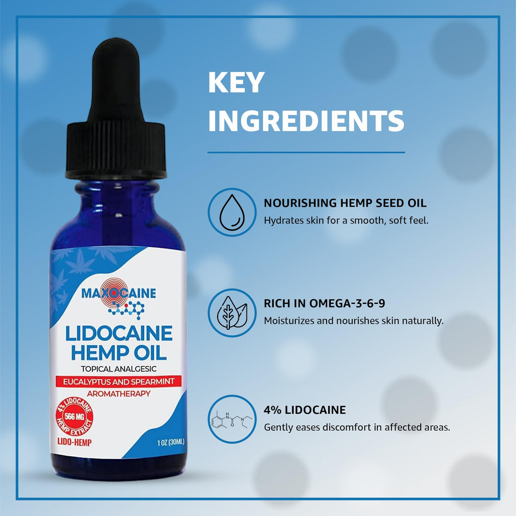 MAXOCAINE Lidocaine Hemp Oil 4% - Maximum Strength Topical Pain Relief, Fast Acting Soothing Oil for Muscle, Joint, Back & Arthritis Support, Cooling Eucalyptus & Spearmint, 1 oz (30 ml) MAXOCAINEBuy Supplements Australia