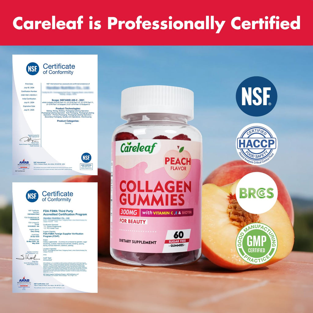 careleaf Sugar Free Collagen Gummies with Vitamin C Vitamin E Support Natural Collagen Production, Healthy Hair, Nails and Bones,Peach Flavor,60 Gummies for 30 Days Supply careleaf buy supplements Au