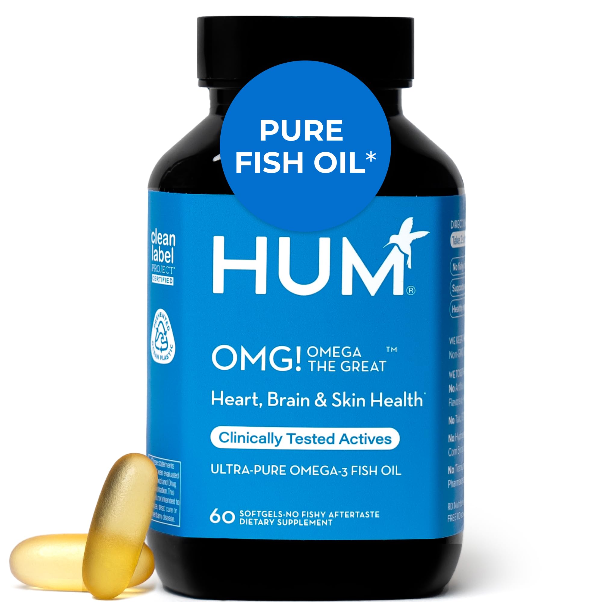 HUM OMG! Omega The Great Triple Omega 3 Fish Oil Supplement for Women & Men with Vitamin E, DHA & EPA, Skin Care & Skin Tone Support for Heart & Brain Health, Gluten Free, Non GMO, 60 Softgels HUMBuy Supplements Australia